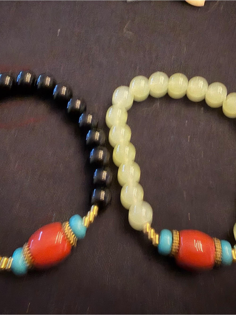 Beaded Stretch Bracelet Set with Coral Red and Turquoise Accents